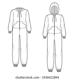 Set of Onesie overall jumpsuit sleepwear technical fashion illustration with full length, oversized, hood, zipper closure, kangaroo pouch. Flat Dungaree front, white color. Women men unisex CAD mockup