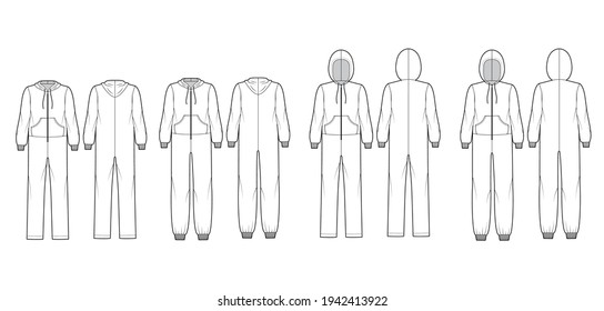 Set of Onesie overall jumpsuit sleepwear technical fashion illustration with full length, oversized, hood, zipper closure, kangaroo pouch. Flat front back, white color style. Women unisex CAD mockup