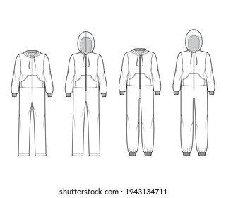 Set of Onesie overall jumpsuit sleepwear technical fashion illustration with full length, oversized, hood, zipper closure, kangaroo pouch. Flat Dungaree front, white color. Women men unisex CAD mockup