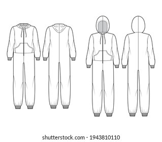 Set of Onesie overall jumpsuit sleepwear technical fashion illustration with full length, oversized, hood, zipper closure, kangaroo pouch. Flat front back, white color style. Women unisex CAD mockup