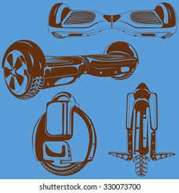 Set of one-wheeled and two-wheeled Self-balancing electric scooter vector illustrations