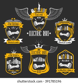 Set of one-wheeled and two-wheeled Self-balancing electric scooter. Collection logos and badges scooter with battery elements.