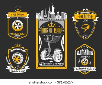 Set of one-wheeled and two-wheeled Self-balancing electric scooter. Collection logos and badges scooter with battery elements.