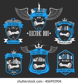 Set of one-wheeled and two-wheeled Self-balancing electric scooter. Collection logos and badges scooter with battery elements.