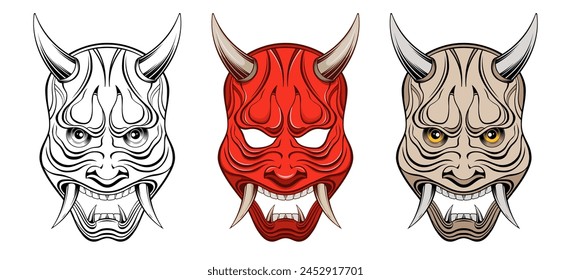 Set of Oni japanese devil masks, japan vector illustration, isolated on white background. T-shirt, tattoo, stickers or poster design. Color and monochrome vector illustration. Oni vector masks.