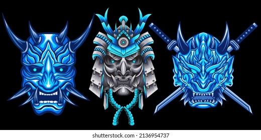 set of oni mask and samurai with katana vector illustration