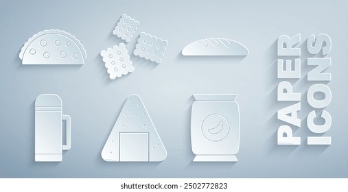 Set Onigiri, Bread loaf, Thermos container, Bag or packet potato chips, Cracker biscuit and Taco with tortilla icon. Vector