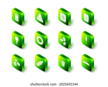 Set Onigiri, Hard bread chucks crackers, Bag or packet potato chips, Fried sausage, Bread loaf, Chicken nuggets, Grilled shish kebab and French hot dog icon. Vector