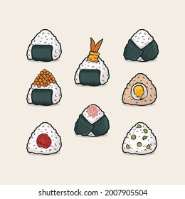 set of onigiri japanese rice ball triangle with nory seaweed various taste. Icon isolated Vector illustration with outline cartoon simple color 