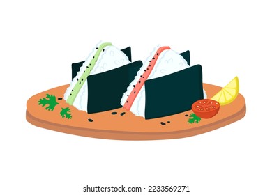 Set of onigiri on a wooden plate. vector illustration