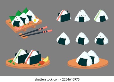 Set of onigiri on a wooden plate. vector illustration