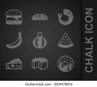 Set Onion, Cheese, Donut, Watermelon, Banana, Shrimp and Burger icon. Vector