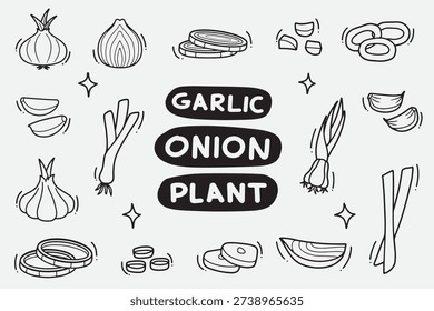 set of onion and garlic doodle good for background, wallpaper, element design, icon, etc