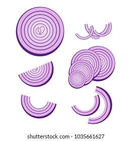 Set onion icon. Vector illustration of a piece of onion. Hand drawn chopped onion rings.