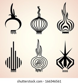 Set of onion icons in different graphic styles. Stylized symbols of onion bulb. Qualitative vector icons for agriculture, food service, cooking, gastronomy, olericulture, etc. It has only gradients