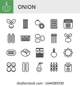 Set of onion icons. Such as Garlic, Radish, Onion, Tomato, Cucumber, Shish kebab, Zucchini, Spinach, Potato, Asparagus, Cabbage, Onion rings, Cauliflower, Burger bun , icons