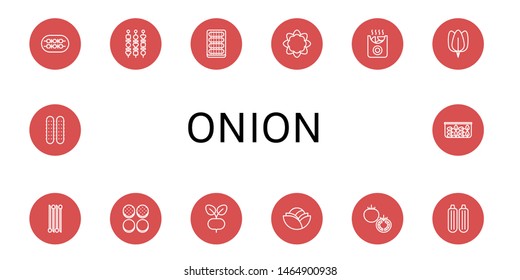 Set of onion icons such as Shish kebab, Cucumber, Cauliflower, Potatoes, Spinach, Onion, Burger bun, Radish, Cabbage, Tomato, Zucchini , onion