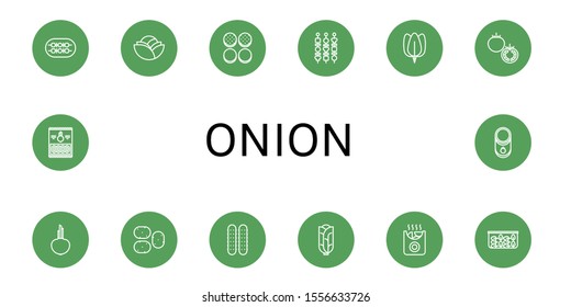 Set of onion icons. Such as Shish kebab, Cabbage, Burger bun, Spinach, Tomato, Onion, Potato, Cucumber, Potatoes, Onion rings , icons