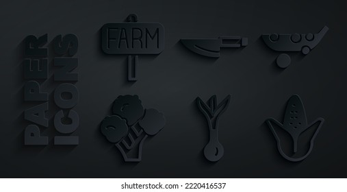 Set Onion, Peas, Broccoli, Corn, Knife and Location farm icon. Vector