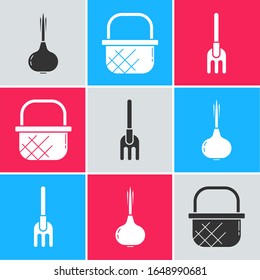 Set Onion, Shopping basket and Garden rake icon. Vector