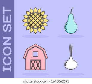 Set Onion, Sunflower, Farm House concept and Pear icon. Vector