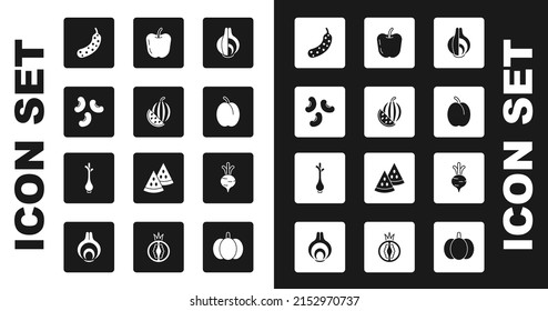 Set Onion, Watermelon, Beans, Fresh cucumber, Plum fruit, Apple, Beet and green onions icon. Vector