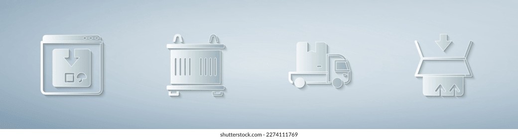 Set Online app delivery tracking, Container, Delivery cargo truck and Carton cardboard box. Paper art style. Vector
