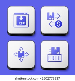 Set Online app delivery tracking, Tax cardboard box, Carton and Cardboard with free symbol icon. White square button. Vector