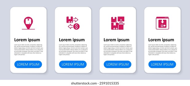 Set Online app delivery tracking, Warehouse with boxes, Tax cardboard and Location. Business infographic template. Vector