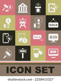 Set Online auction, Bid, Auction sold, jewelry sale, painting, Hand holding paddle, hammer price and  icon. Vector