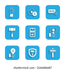 Set Online auction, Auction hammer, Hand holding paddle, Bid and  icon. Vector