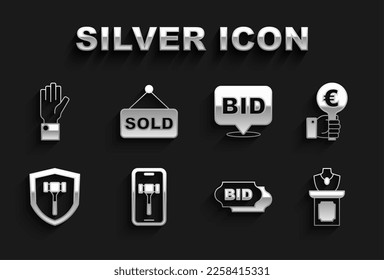 Colocar subasta en línea, Mano sosteniendo paleta, Subasta de joyería, Oferta, Martillo y icono de venta. Vector