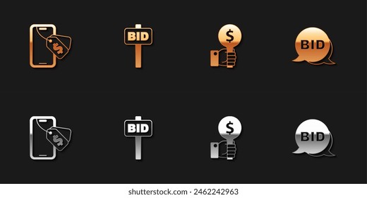 Set Online auction, Hand holding paddle,  and Bid icon. Vector