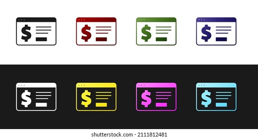 Establece la banca en línea con un icono en dólares aislado en el fondo blanco y negro. Envío de dinero por todo el mundo, transferencia de dinero, transacciones financieras.  Vector