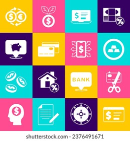Establecer banca en línea con dólar, tijeras cortando tarjeta de crédito, barras de oro, laptop, crédito, cerdo, intercambio de dinero e icono de Smartphone. Vector