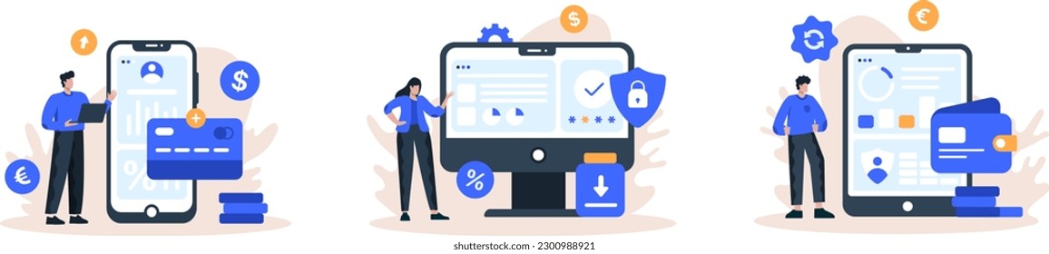 Set of online banking financial services. Young man holding laptop, standing near mobile phone with banking account on screen. Male doing financial investments. Flat vector illustration in blue colors