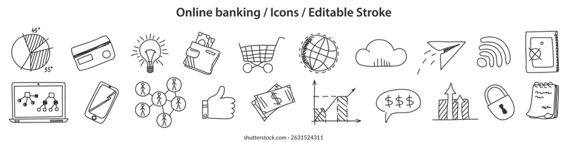 Set of Online Banking icons in doodle style, line design, editable stroke, vector illustration