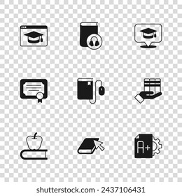 Set Online book, Book donation, Exam sheet with A plus grade, Electronic mouse, Graduation cap speech bubble, education, Audio and Certificate template icon. Vector