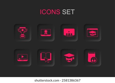 Set Online book, education with diploma, Award cup, Graduation cap globe, Audio, class and play video icon. Vector