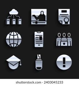 Set Online book on mobile, USB flash drive, Information, class, Graduation cap globe, Social network, Certificate template and Cloud online library icon. Vector