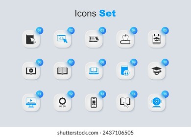 Set Online book, Open, education, play video, Web camera, Graduation cap globe,  and class icon. Vector