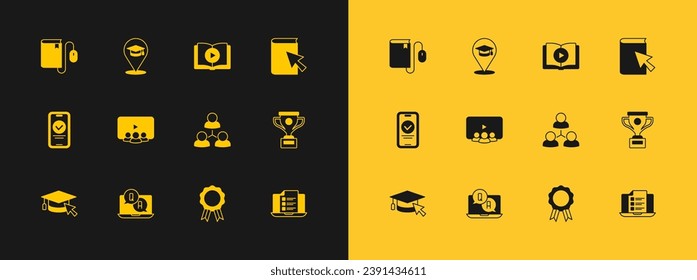 Set Online book, Question and Answer, class, education with diploma, Audio, Electronic mouse and  icon. Vector