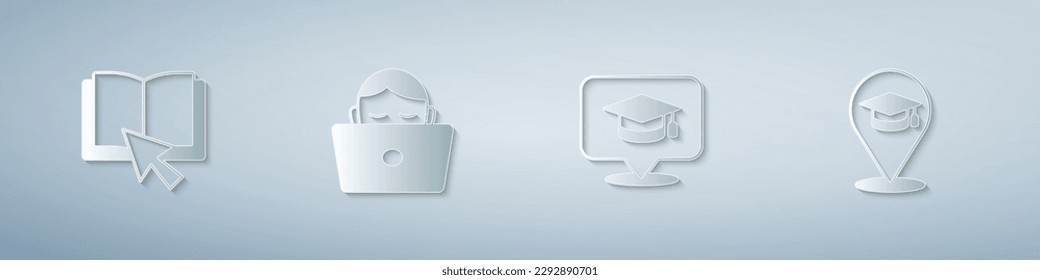 Set Online book, Student working at laptop, Graduation cap speech bubble and education. Paper art style. Vector