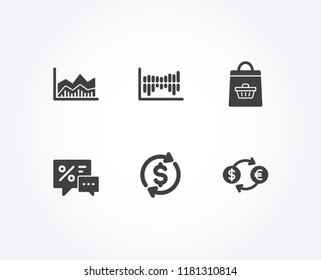 Set of Online buying, Column diagram and Dollar exchange icons. Trade infochart, Discounts and Currency exchange signs. Shopping cart, Sale statistics, Banking rates. Trade vector