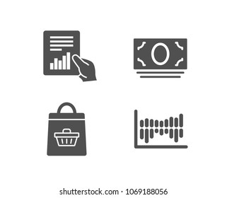 Set of Online buying, Document and Cash money icons. Column diagram sign. Shopping cart, File with diagram, Banking currency. Sale statistics.  Quality design elements. Classic style. Vector