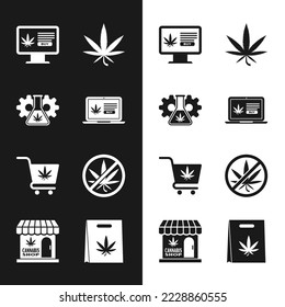 Set Online comprar marihuana, Test tube con, Marihuana o hoja de cannabis, Carro de compras, Paro, bolsa de y e icono de la tienda. Vector