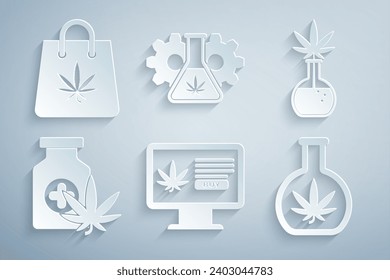 Set Online comprar marihuana, Tubo de prueba con, botella médica y bolsa de compras de ícono. Vector