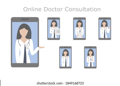 Set of online call with female doctor, online doctor consultation in times of coronavirus pandemic in various positions. Black hair, white coat and stethoscope in a video call with blue background. 