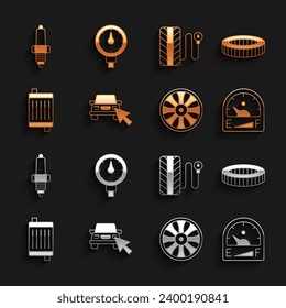 Ajuste Compartir coche en línea, Filtro de aire de coche, Gálibo de gas de motor, Alloy para, sistema de refrigeración del radiador, Presión del neumático, enchufe de chispa e icono. Vector