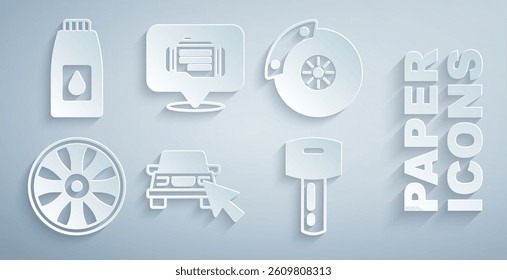 Set Online car sharing, Car brake disk with caliper, Alloy wheel for, key remote, Check engine and Canister motor machine oil icon. Vector